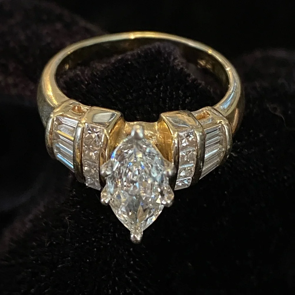 Genuine diamond wedding ring, 1ct marquee, princess & baguettes 14KT gold 1.87ct - Picture 3 of 9